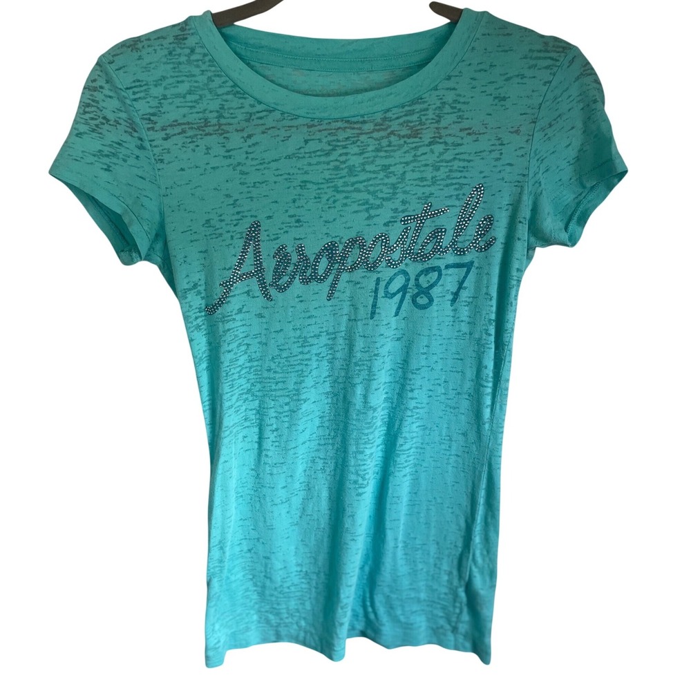 Vintage 2009 Aeropostale‎ Y2K Burnout Graphic Baby Tee Turquoise McBling S